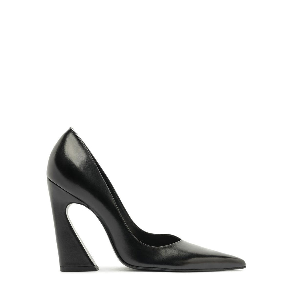 Side view of Lexi Block Pump in Black showcasing pointed toe and sculptural platform heel with white background