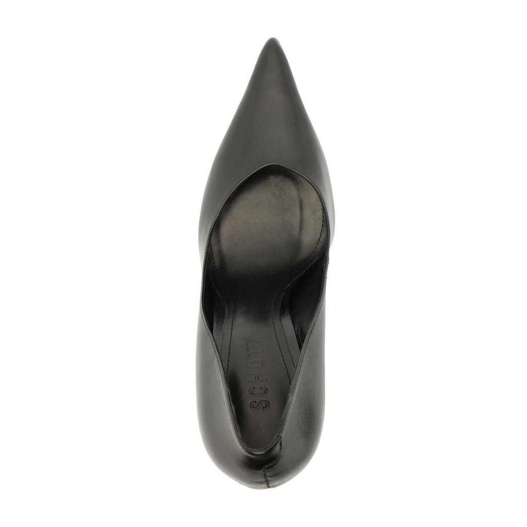 Top view of Lexi Block Pump in Black showcasing its pointed toe and slip-on construction with a white background