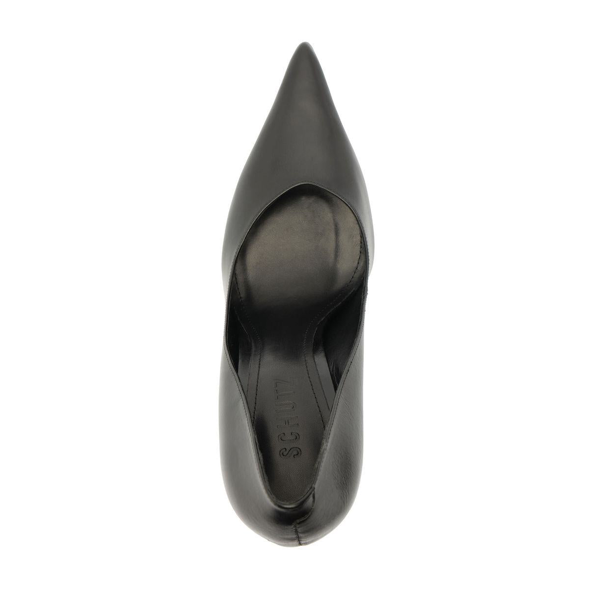 Top view of Lexi Block Pump in Black showcasing its pointed toe and slip-on construction with a white background