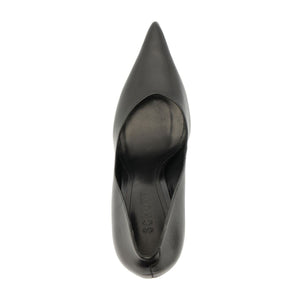 Top view of Lexi Block Pump in Black showcasing its pointed toe and slip-on construction with a white background