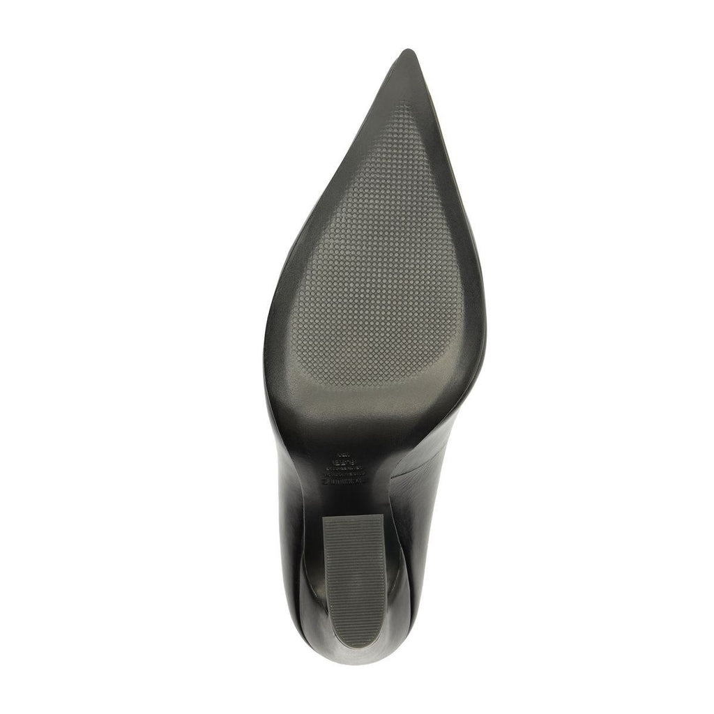 Top-down view of Lexi Block Pump in Black showcasing its pointed toe and sculptural heel with a white background
