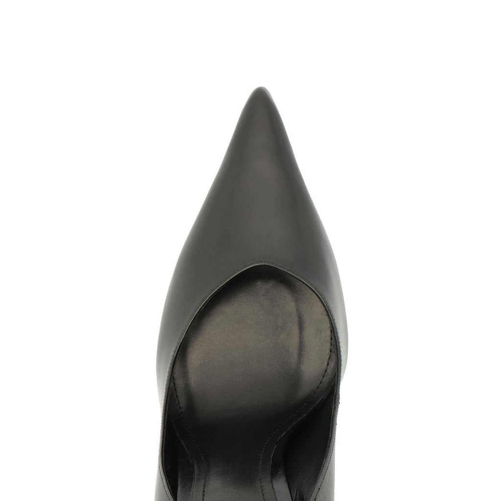Front view of Lexi Block Pump in Black showcasing its sharply pointed toe and slip-on design against a white background