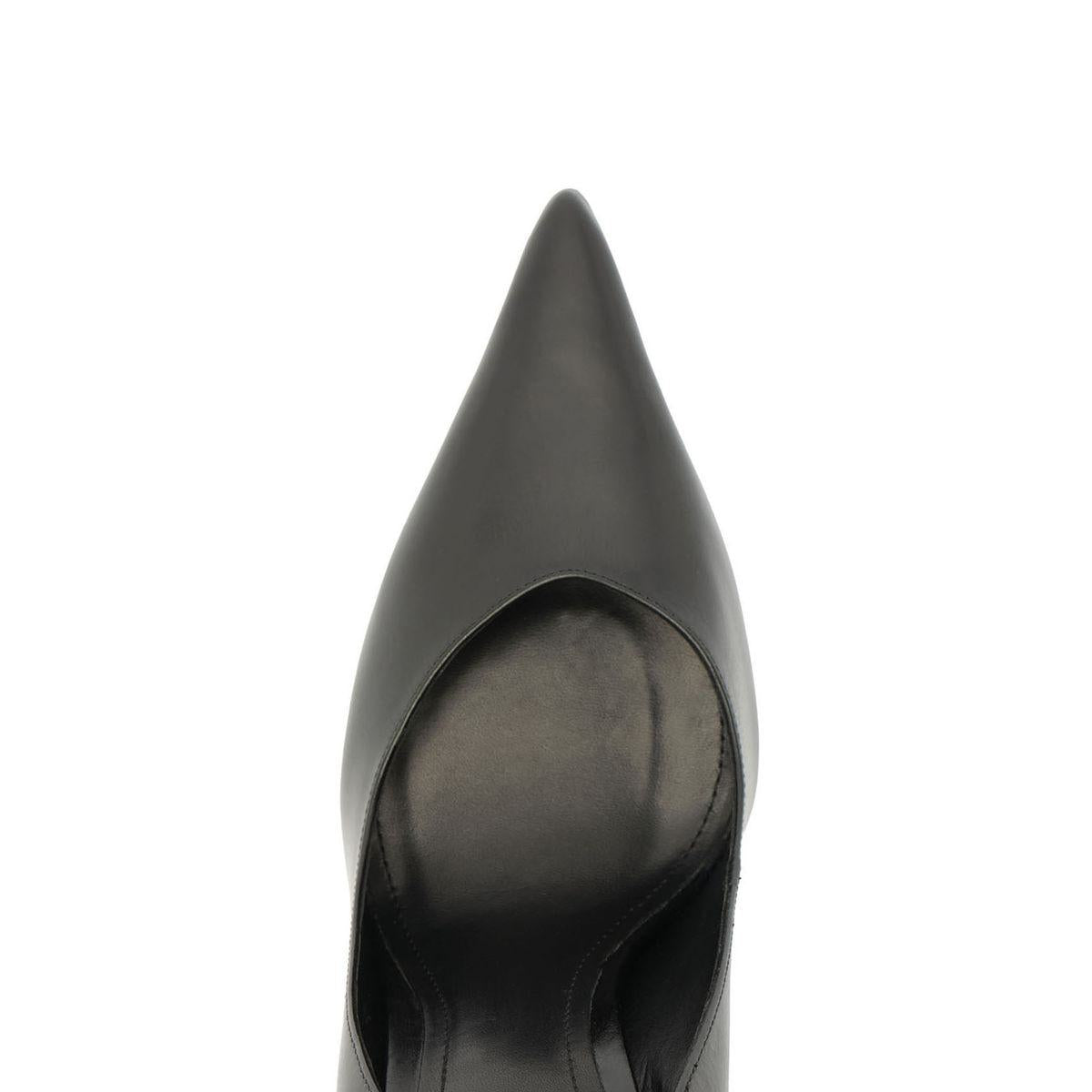 Front view of Lexi Block Pump in Black showcasing its sharply pointed toe and slip-on design against a white background