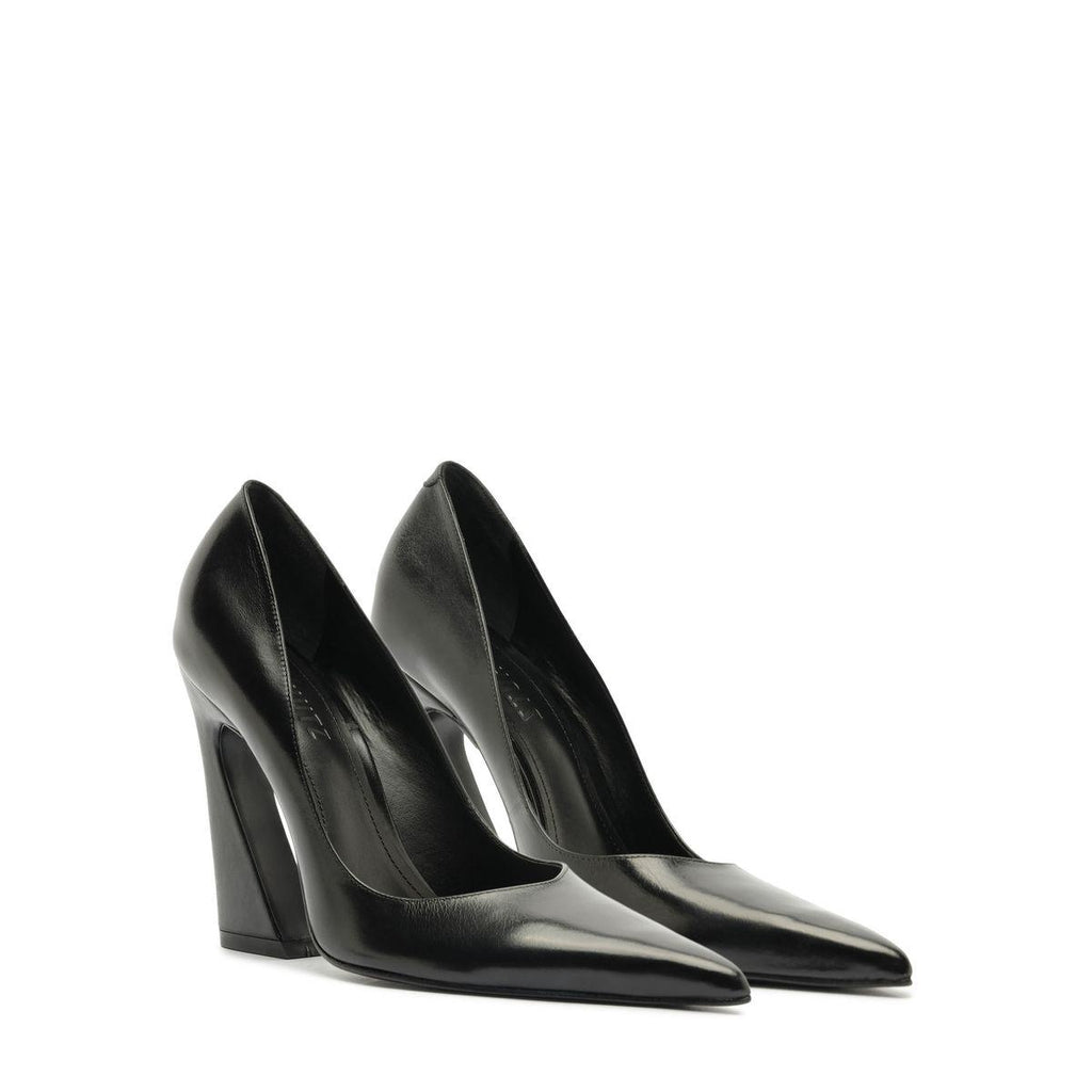 Front three-quarter view of the Lexi Block Pump in Black showcasing its pointed toe and sculptural platform heel on a white background