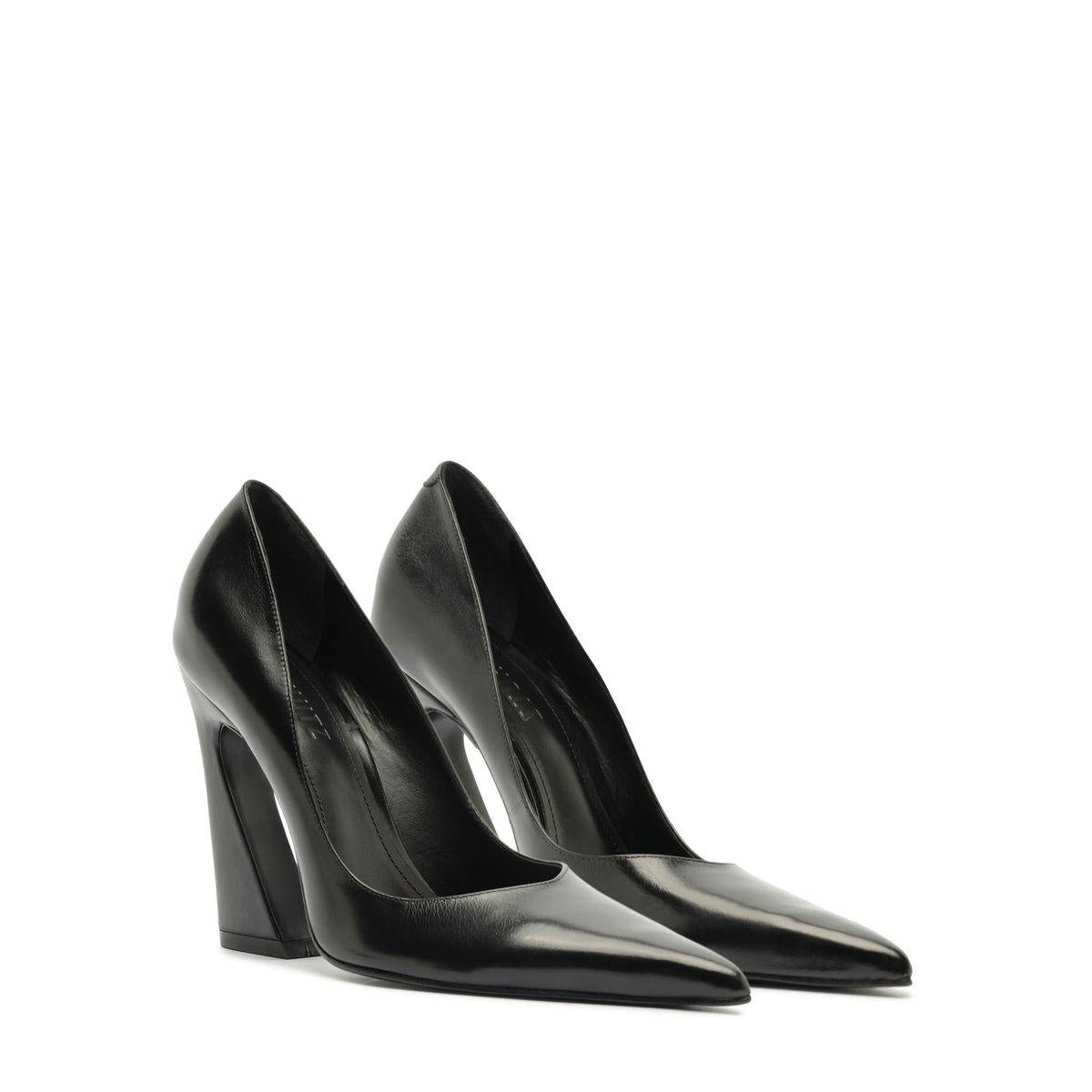 Front three-quarter view of the Lexi Block Pump in Black showcasing its pointed toe and sculptural platform heel on a white background