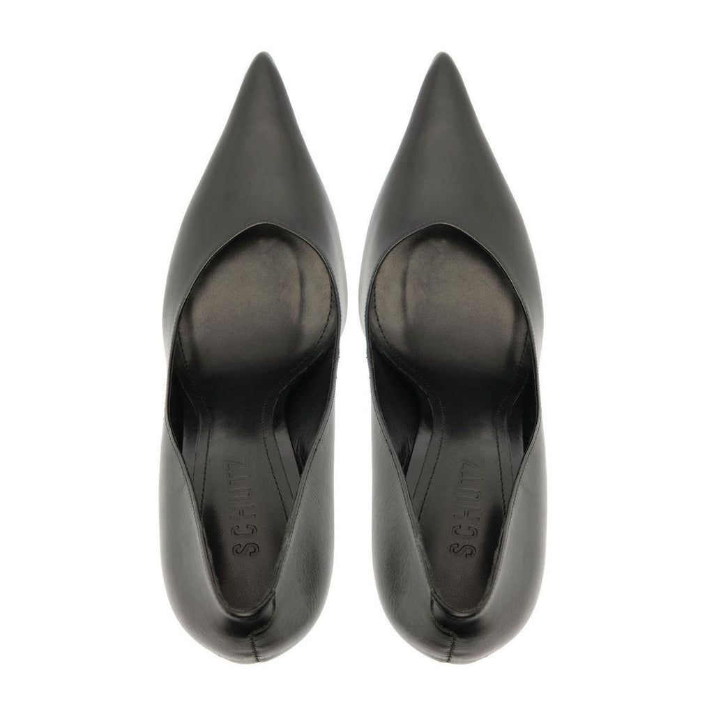Top view of Lexi Block Pump in Black showcasing pointed toes and slip-on construction on a white background