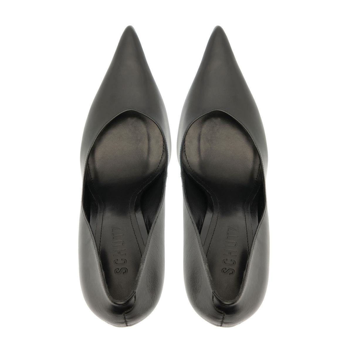 Top view of Lexi Block Pump in Black showcasing pointed toes and slip-on construction on a white background