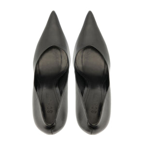 Top view of Lexi Block Pump in Black showcasing pointed toes and slip-on construction on a white background
