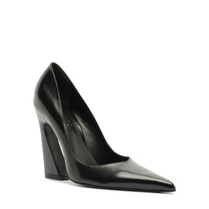 Side view of Lexi Block Pump in black showcasing its pointed toe and sculptural platform heel on a white background