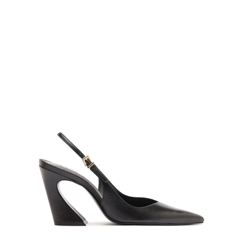 Side view of Lexi Sling Block Leather Pump in Black showcasing its sculptural block heel and pointed toe with a white background
