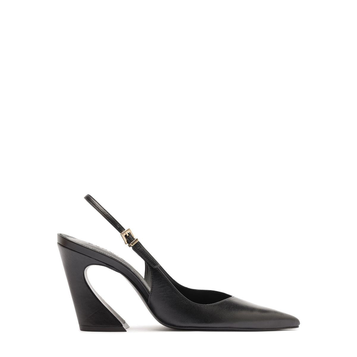 Side view of Lexi Sling Block Leather Pump in Black showcasing its sculptural block heel and pointed toe with a white background