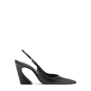 Side view of Lexi Sling Block Leather Pump in Black showcasing its sculptural block heel and pointed toe with a white background