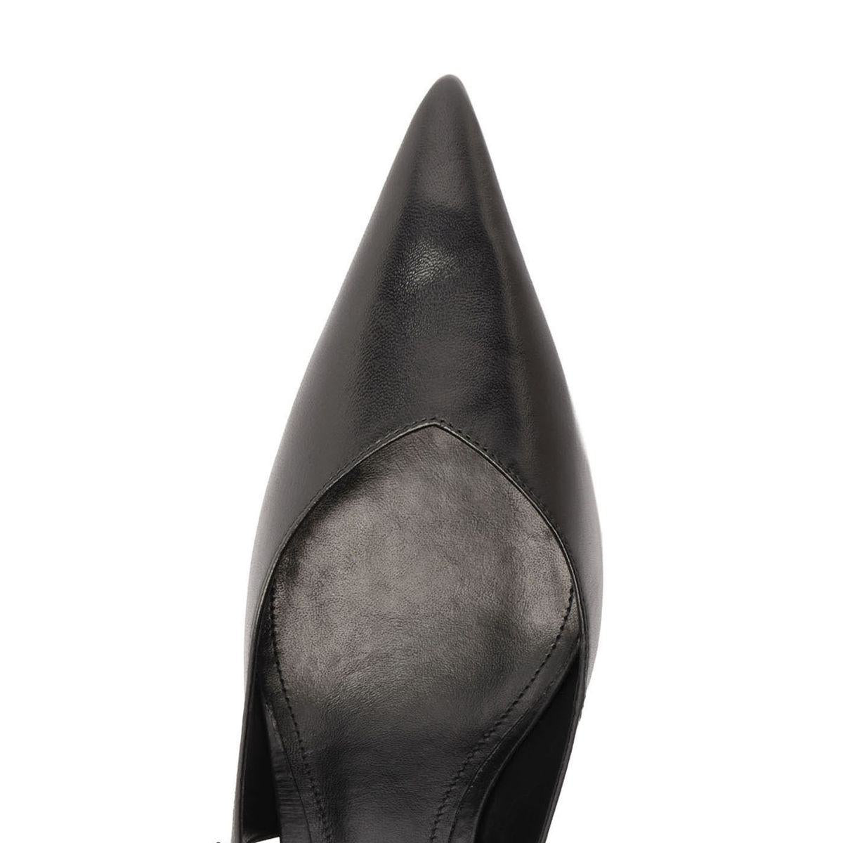 Top view of Lexi Sling Block Leather Pump in Black showcasing pointed toe and leather upper with a white background