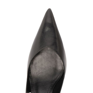 Top view of Lexi Sling Block Leather Pump in Black showcasing pointed toe and leather upper with a white background