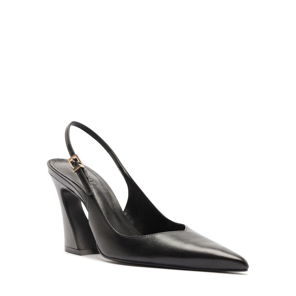 Three-quarter view of Lexi Sling Block Leather Pump in Black showcasing its pointed toe, slingback strap, and block heel against a white background