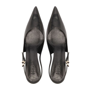 Top view of Lexi Sling Block Leather Pump showcasing pointed toes, open counters, and buckle closures on a white background