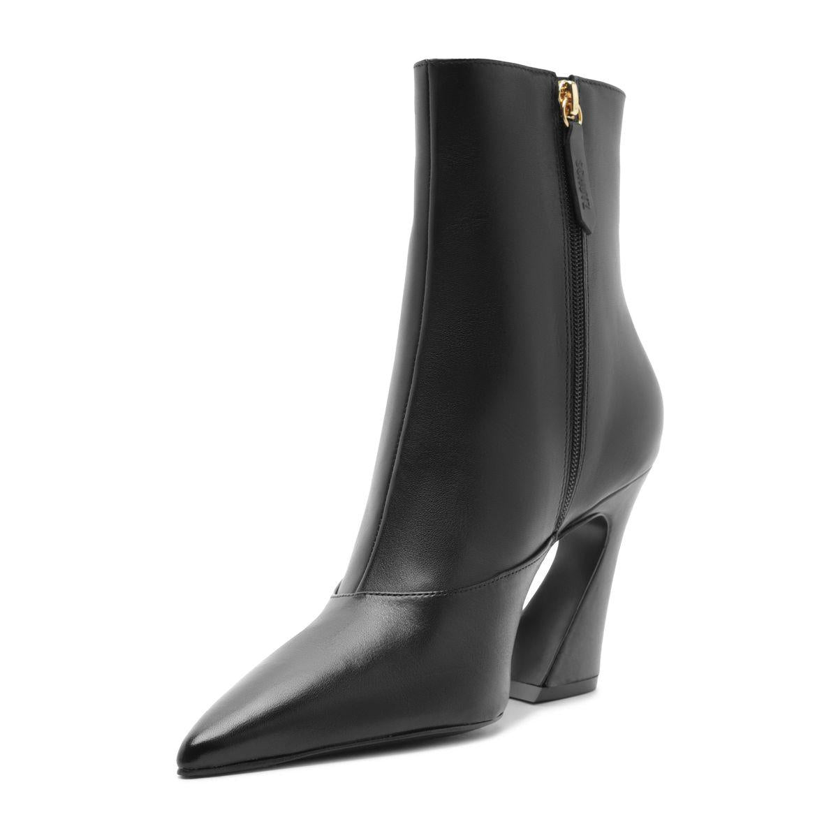 Three-quarter view of Lexi Mid Leather Bootie in Black showcasing pointed toe, block heel, and side zip on a white background