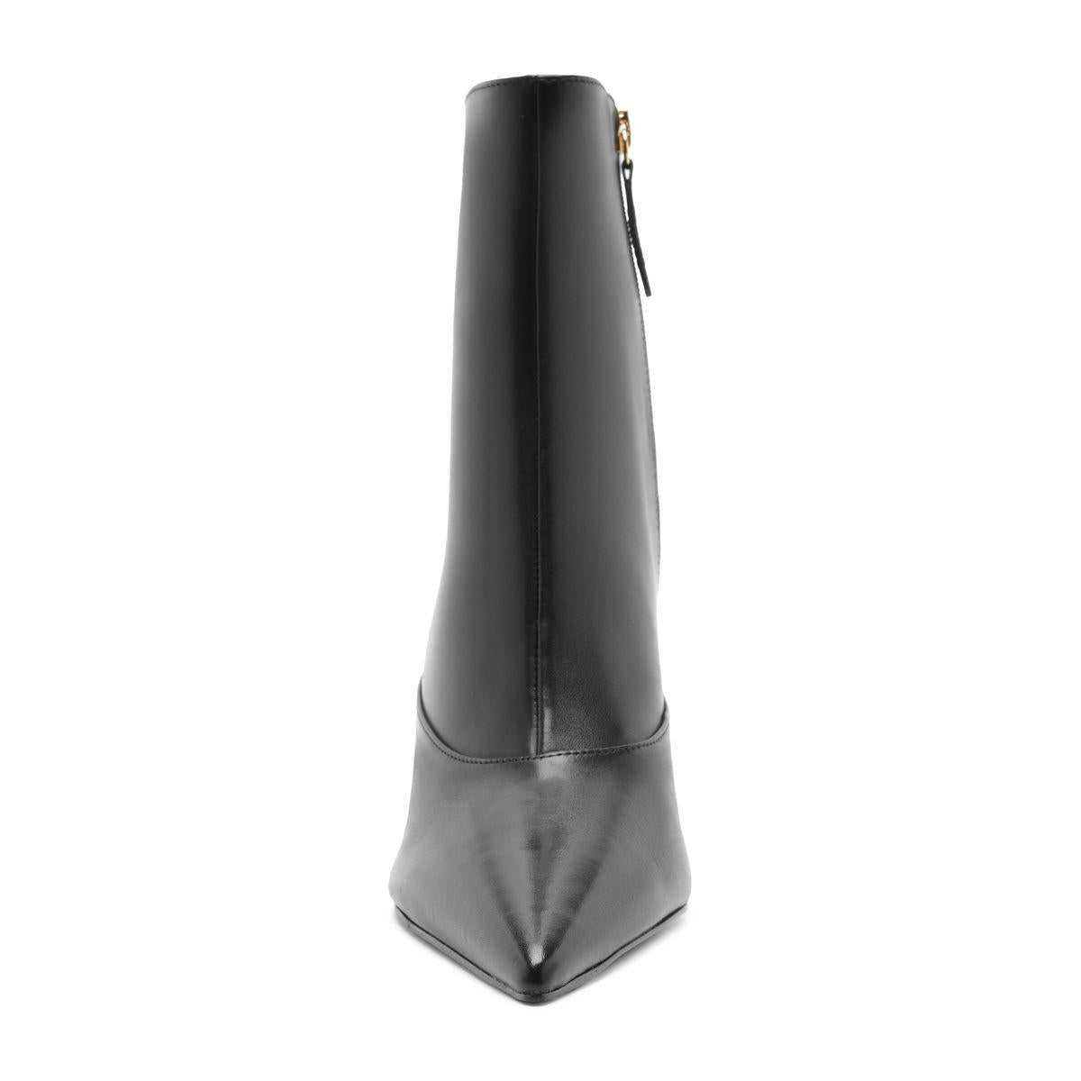 Front view of Lexi Mid Leather Bootie showcasing its pointed toe and side zip closure against a white background