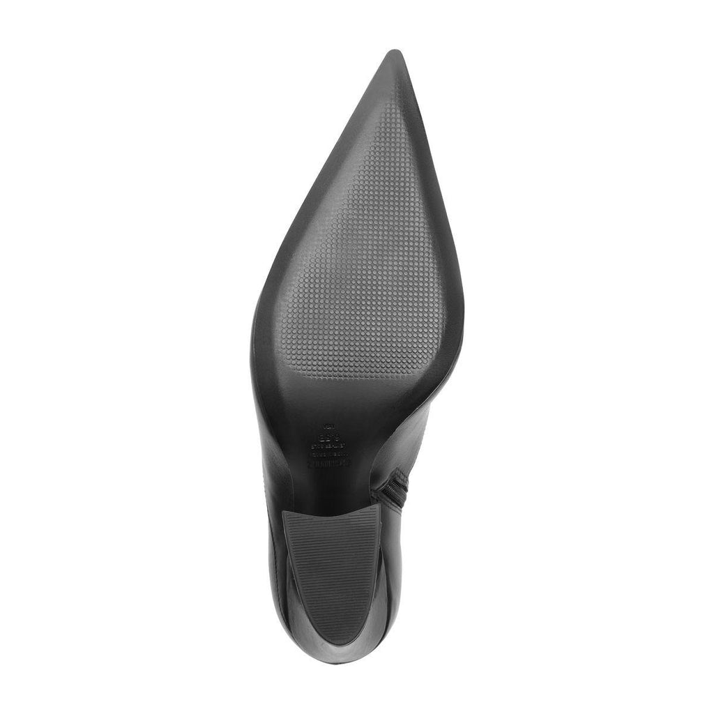 Top-down view of Lexi Mid Leather Bootie in Black showcasing pointed toe and block heel with white background
