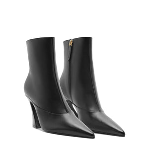 Front three-quarter view of black Lexi mid leather booties showcasing pointed toes, block heels, and side zippers with a white background