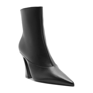 Side view of Lexi Mid Leather Bootie in Black showcasing its pointed toe and block heel against a white background