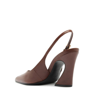 Side view of Lexi Sling Block Leather Pump in Warm Toffee showcasing slingback strap and block heel against a white background