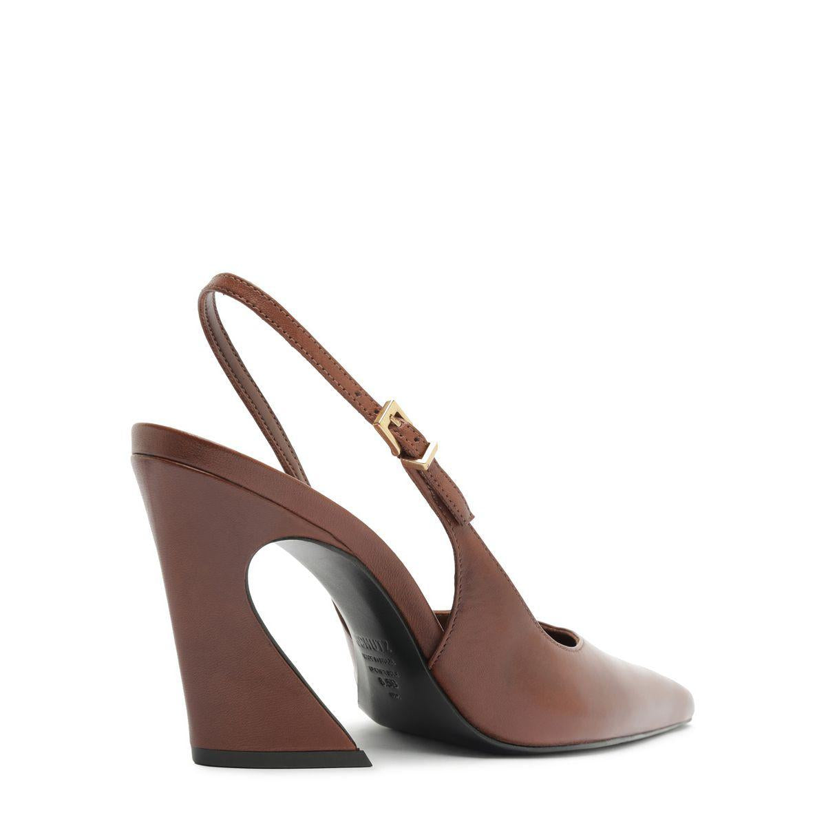 Side view of Lexi Sling Block Leather Pump in Warm Toffee showcasing slingback strap and block heel with a white background