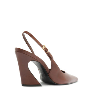 Side view of Lexi Sling Block Leather Pump in Warm Toffee showcasing slingback strap and block heel with a white background