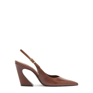 Side view of Lexi sling block leather pump in warm toffee showcasing slingback strap and sculptural heel on white background