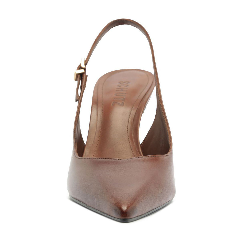 Front view of Lexi sling block leather pump in warm toffee showcasing pointed toe and slingback strap with white background