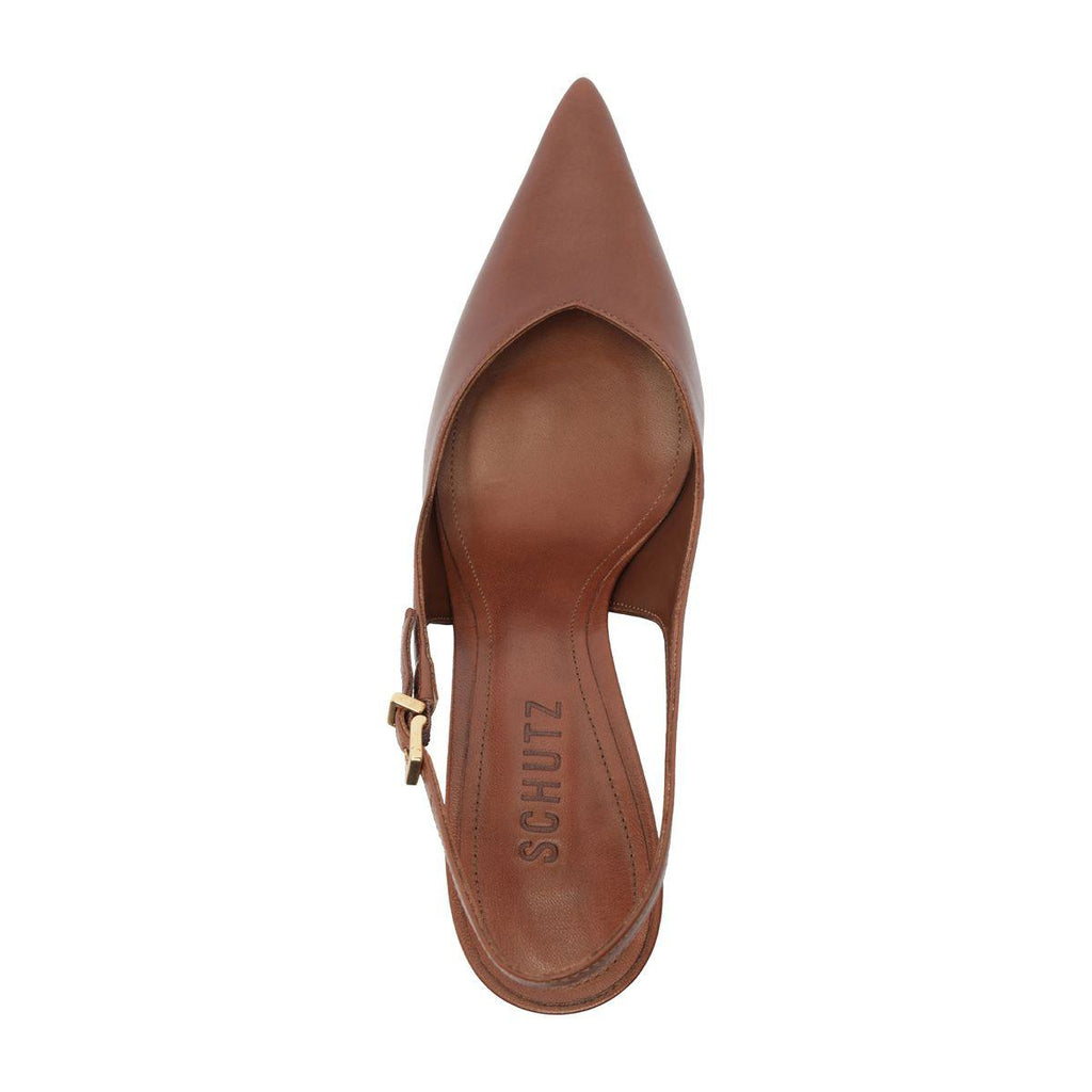 Top view of Lexi Sling Block Leather Pump in Warm Toffee showcasing pointed toe, slingback strap, and buckle on a white background