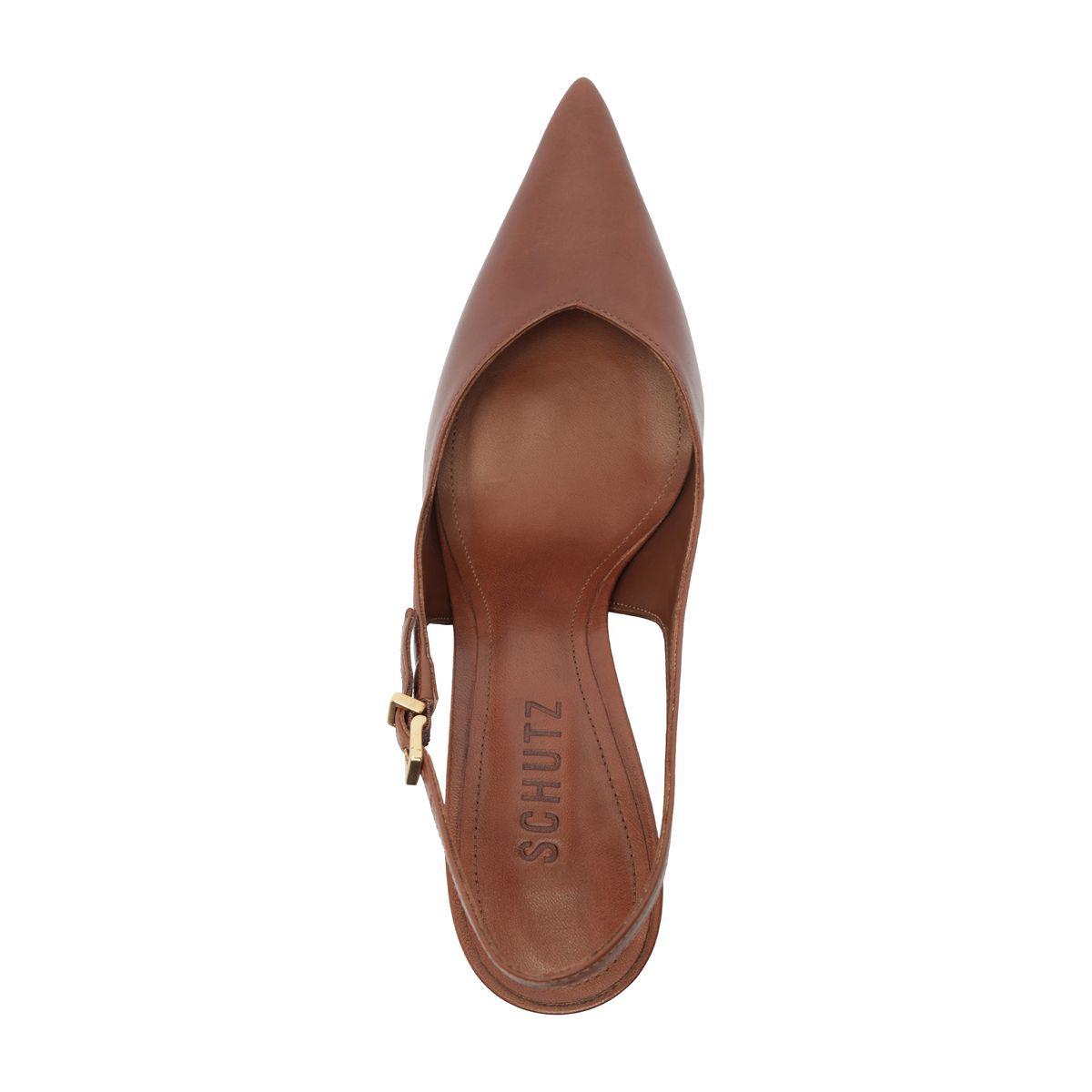 Top view of Lexi Sling Block Leather Pump in Warm Toffee showcasing pointed toe, slingback strap, and buckle on a white background