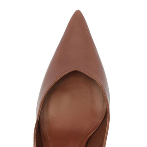 Top view of Lexi Sling Block Leather Pump showcasing pointed toe and warm toffee leather upper on a white background