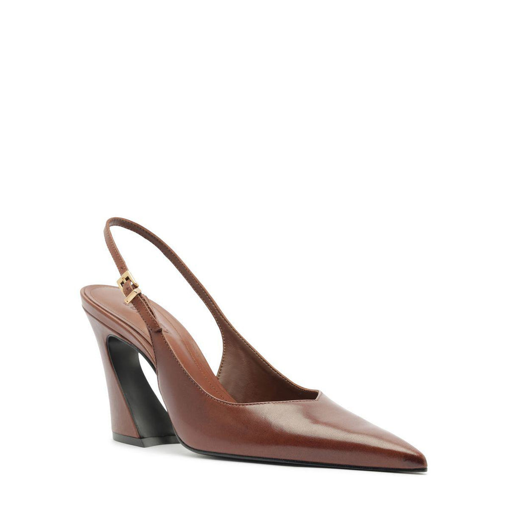 Three-quarter view of Lexi Sling Block Leather Pump in Warm Toffee showcasing slingback strap and block heel with white background