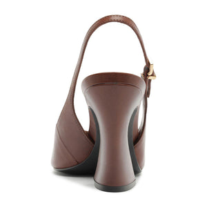 Rear view of Lexi sling block leather pump in warm toffee showcasing slingback straps and block heels on white