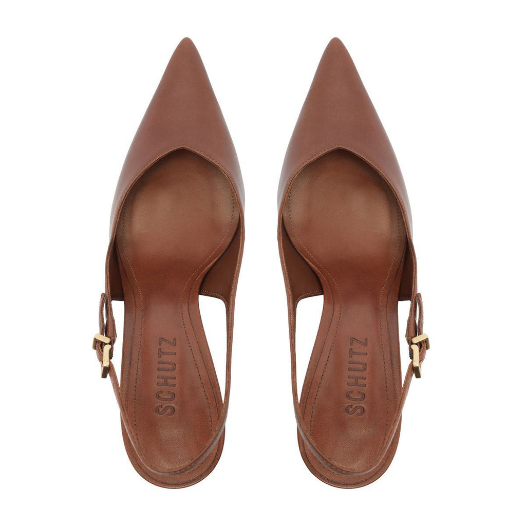 Top view of Lexi Sling Block Leather Pump in Warm Toffee showcasing pointed toes and slingback straps on a white background