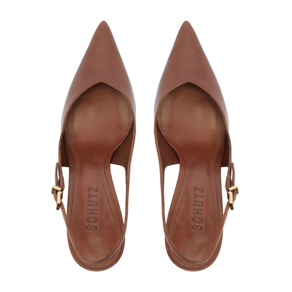 Top view of Lexi Sling Block Leather Pump in Warm Toffee showcasing pointed toes and slingback straps on a white background