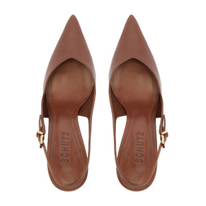 Top view of Lexi Sling Block Leather Pump in Warm Toffee showcasing pointed toes and slingback straps on a white background