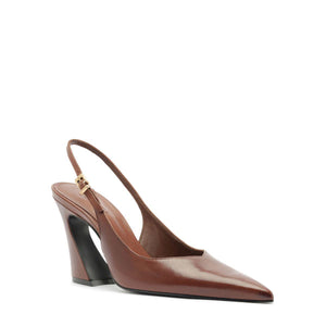 Three-quarter view of Lexi Sling Block Leather Pump in Warm Toffee showcasing slingback strap and block heel with white background