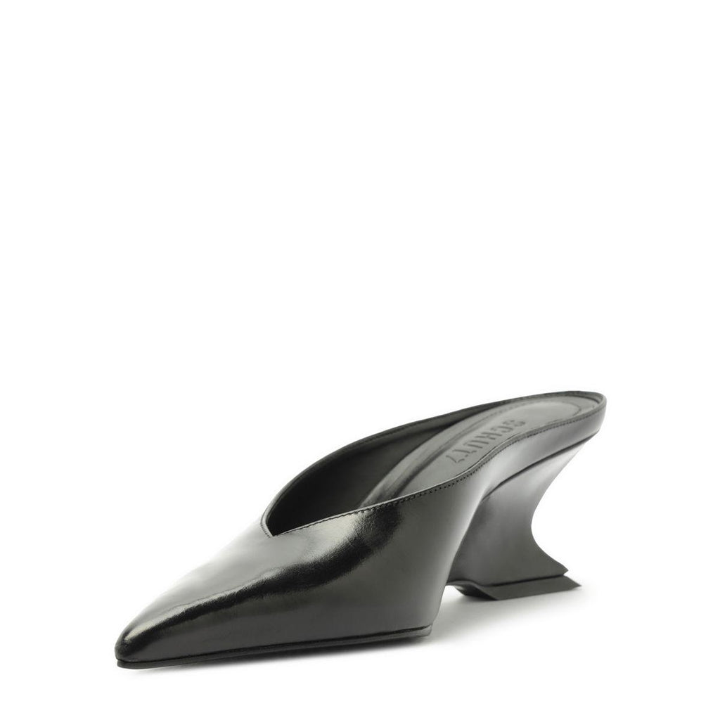 Side view of Siena Mid Mule Pump in Black showcasing sculptural heel with a white background