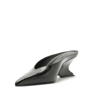 Side view of Siena Mid Mule Pump in Black showcasing sculptural heel with a white background