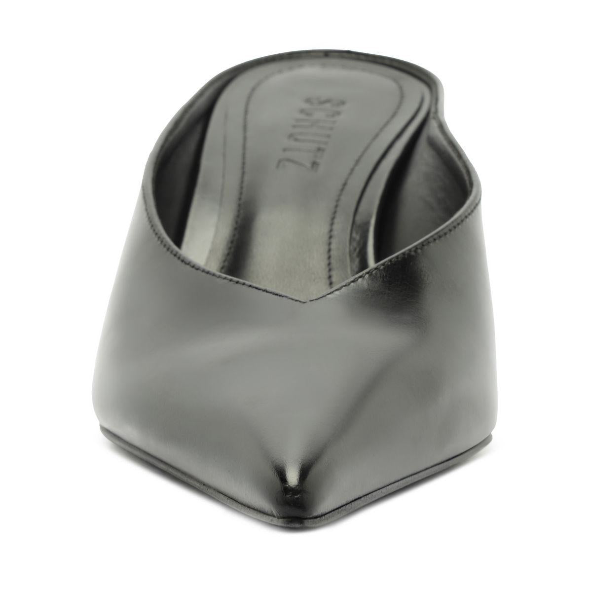 Front three-quarter view of Siena Mid Mule Pump in black showcasing its open-back design on a white background