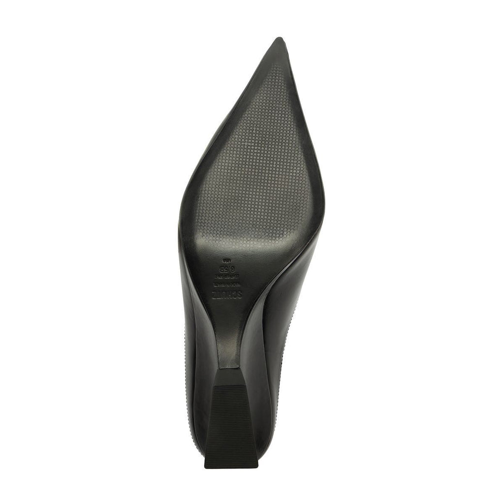 Bottom view of Siena Mid Mule Pump in black showcasing its pointed toe and heel on a white background