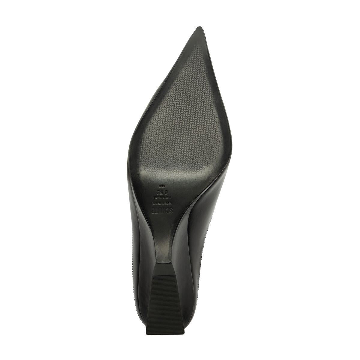 Bottom view of Siena Mid Mule Pump in black showcasing its pointed toe and heel on a white background