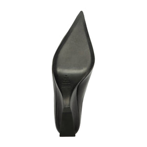 Bottom view of Siena Mid Mule Pump in black showcasing its pointed toe and heel on a white background
