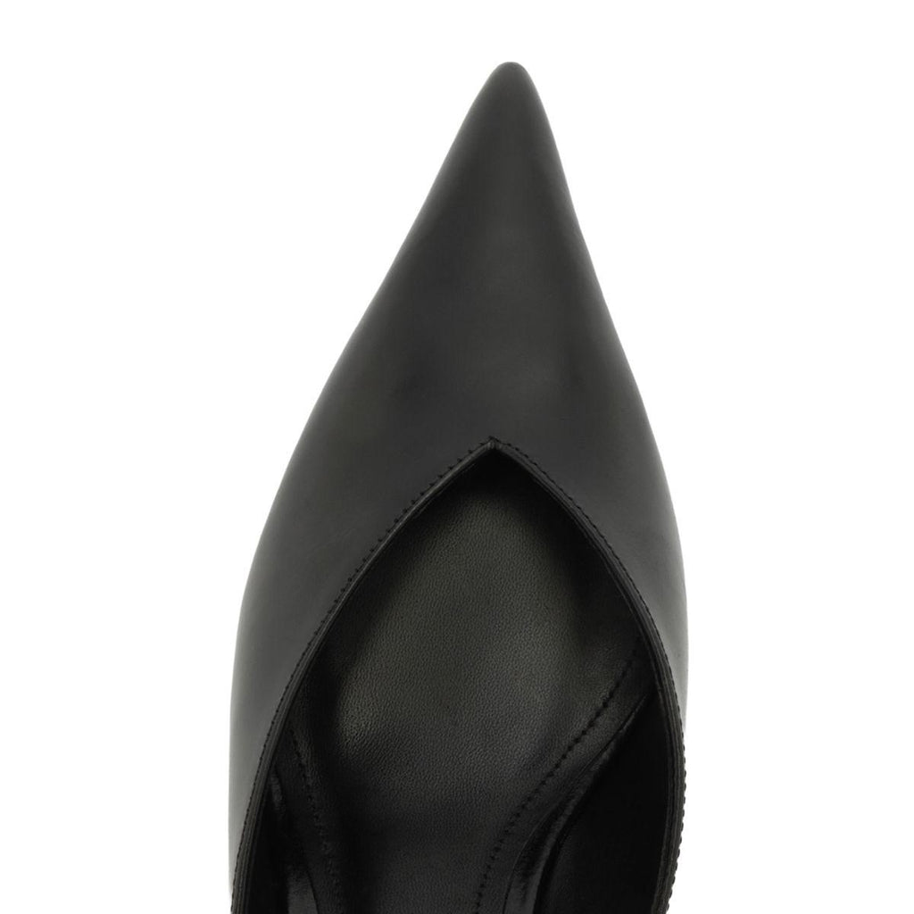 Top view of Siena Mid Mule Pump in black showcasing pointed toe and open-back mule design on white background