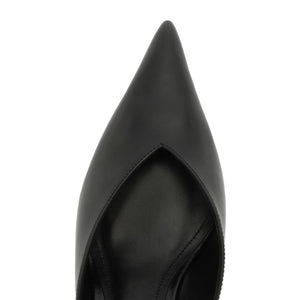 Top view of Siena Mid Mule Pump in black showcasing pointed toe and open-back mule design on white background