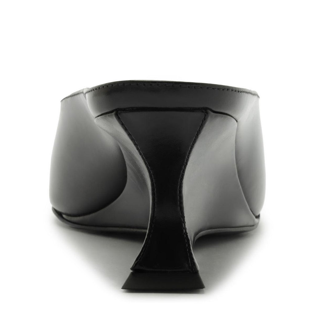 Rear view of Siena mid mule pump in black showcasing its flared heel against a white background