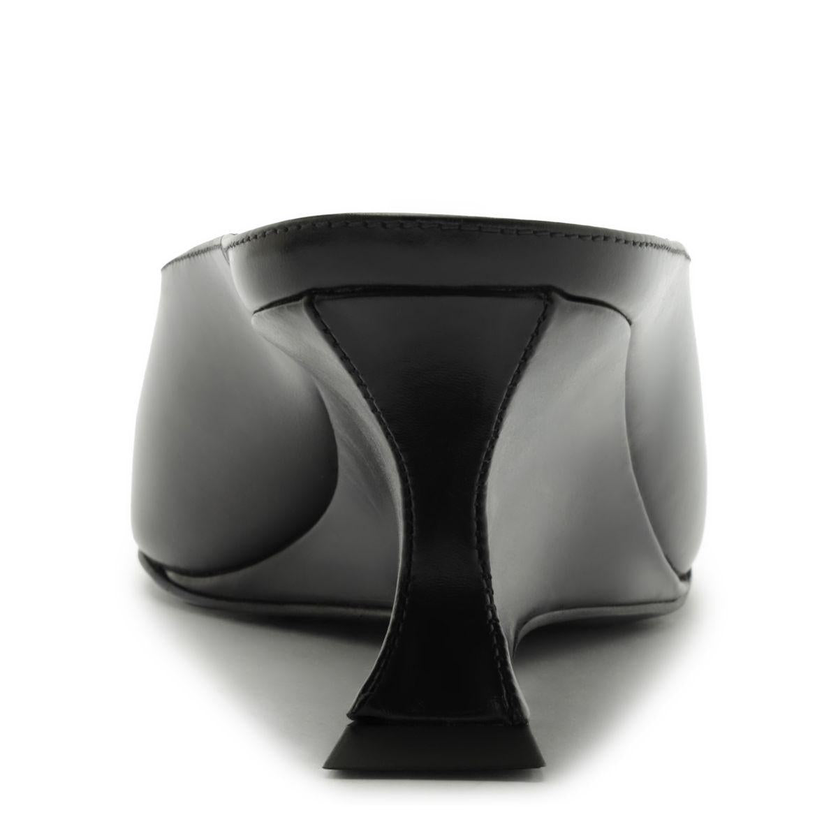 Rear view of Siena mid mule pump in black showcasing its flared heel against a white background