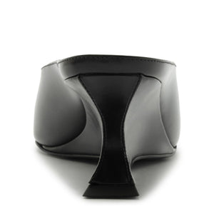 Rear view of Siena mid mule pump in black showcasing its flared heel against a white background